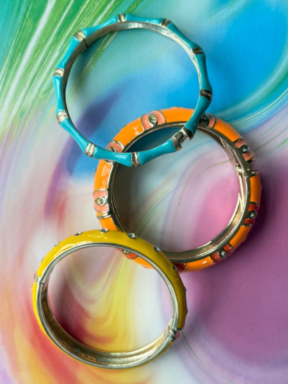 Trio of SEQUIN Glossy Enamel Clamper Bracelets Orange Blue Yellow